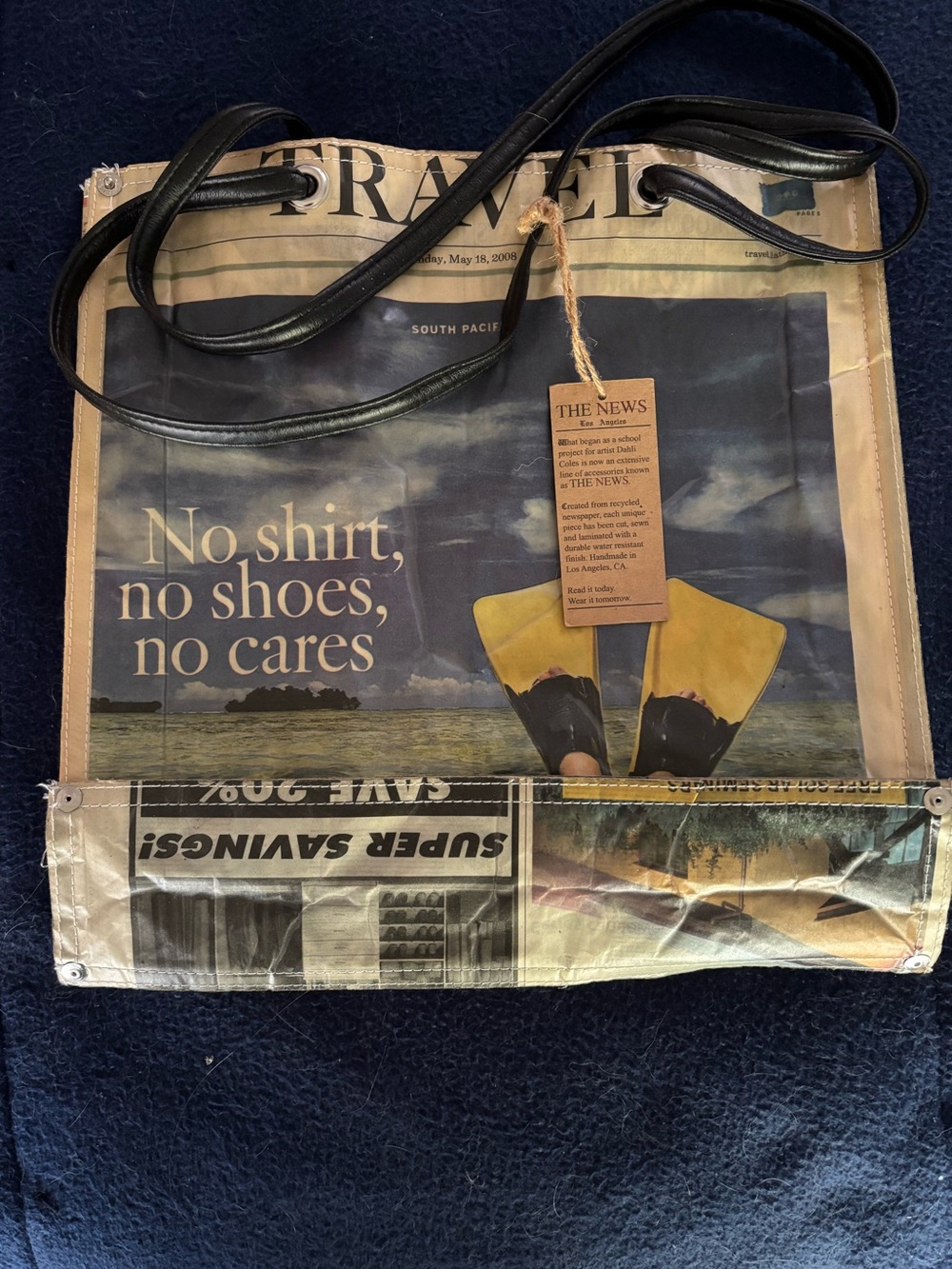 Recycled Newspaper Print Tote Bag - Black Straps